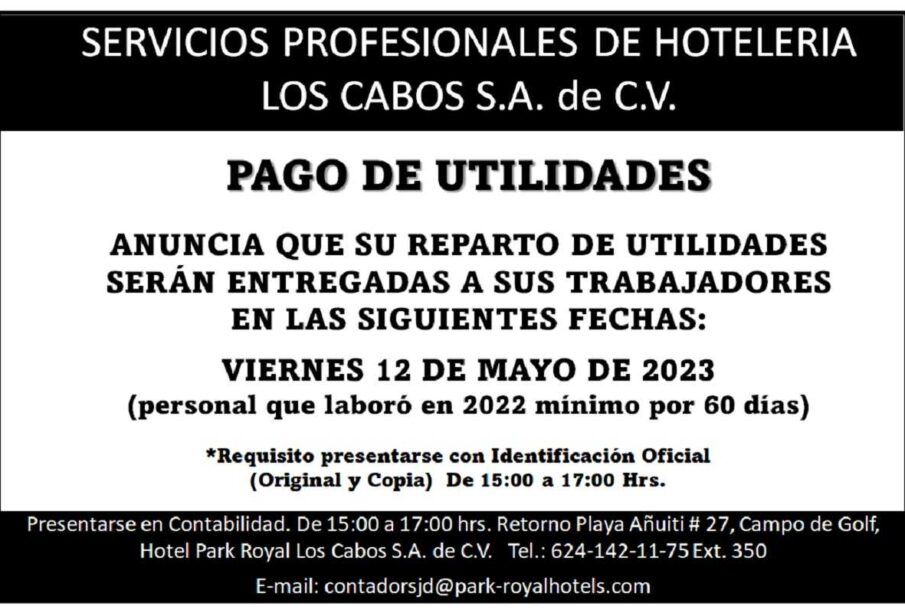 Aviso Reparto de Utilidades Servicios Profesionales de Hotelería