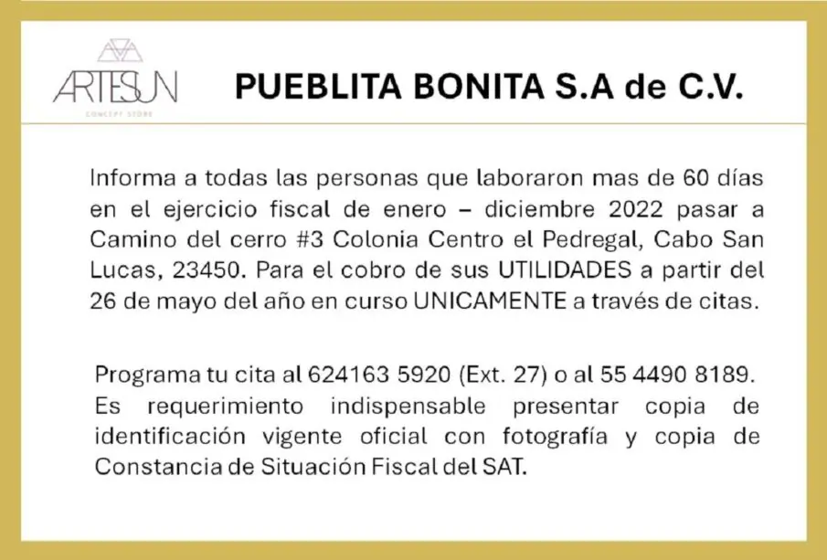 Convocatoria Reparto de Utilidades Pueblita Bonita