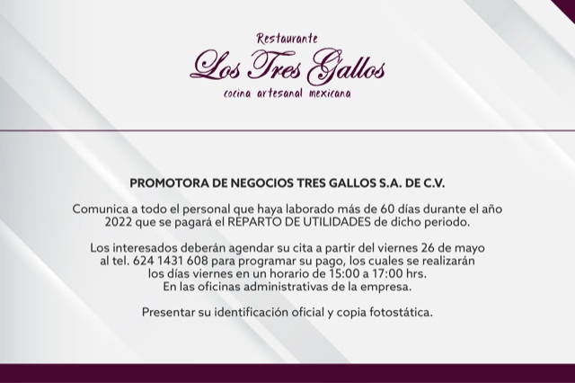 Convocatoria Reparto de Utilidades Los Tres Gallos