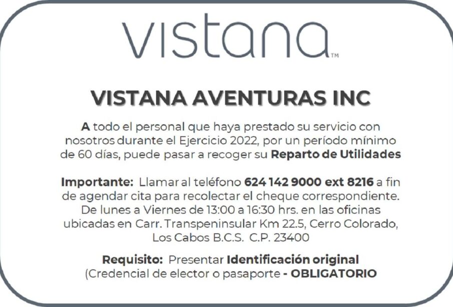 Convocatoria Reparto de Utilidades Vistana Aventuras