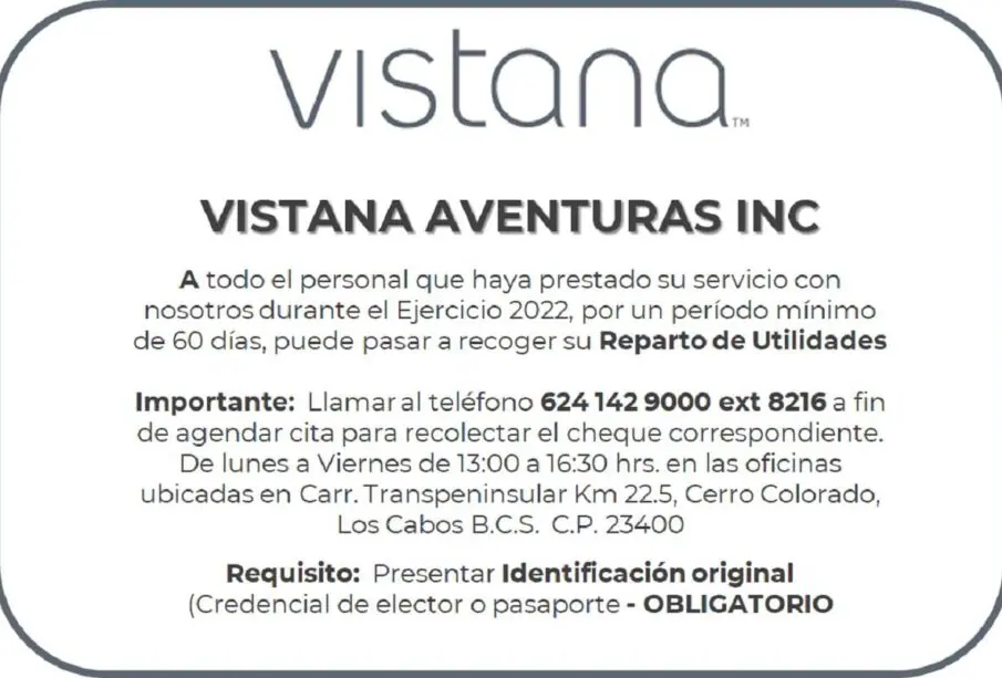 Convocatoria Reparto de Utilidades Vistana Aventuras