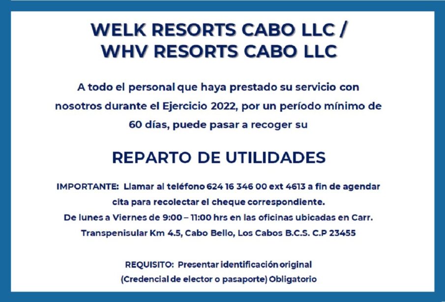 Convocatoria Reparto de Utilidades Welk Resorts LLC / WHV Resorts Cabo