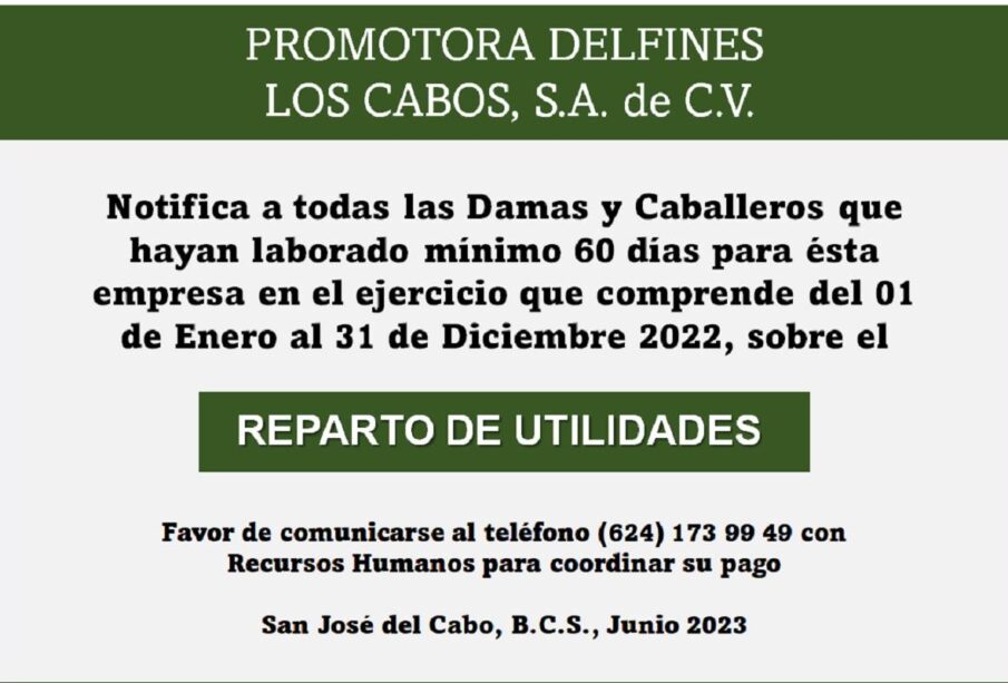 Convocatoria Reparto de Utilidades Promotora Delfines Los Cabos