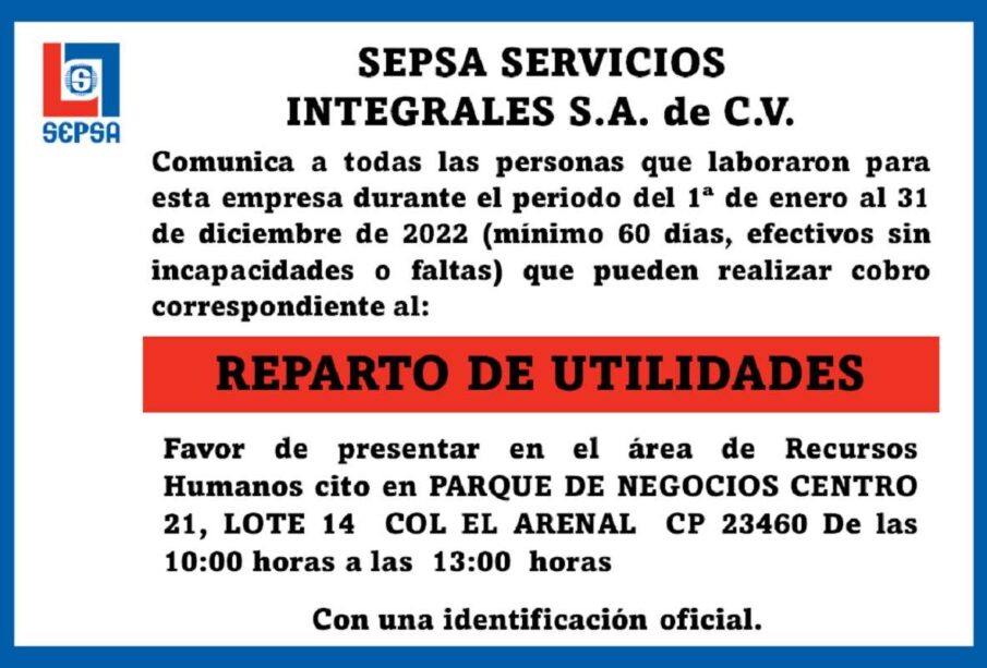 Convocatoria Reparto de Utilidades SEPSA Servicios Integrales