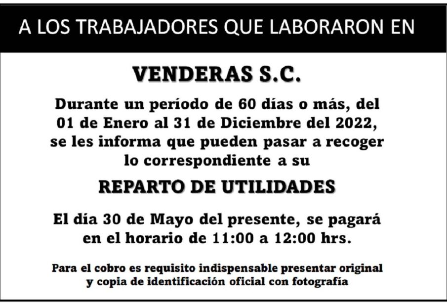 Convocatoria Reparto de Utilidades Venderas