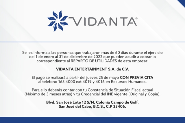 Convocatoria Reparto de Utilidades Vidanta Entertainment