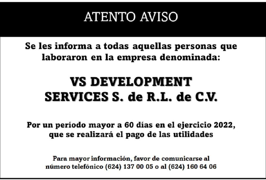 Convocatoria Reparto de Utilidades VS Development Services