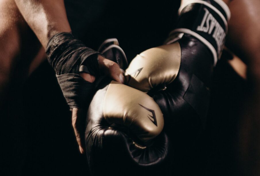 Aleta sosteniendo guantes de boxeo.