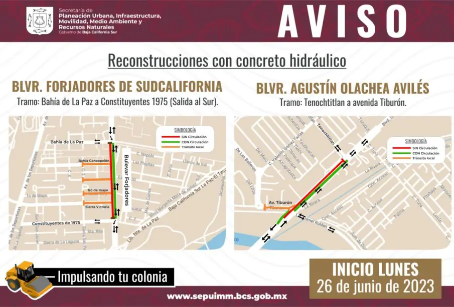 Aviso de construcción sobre los Blvr. Forjadores y Olachea