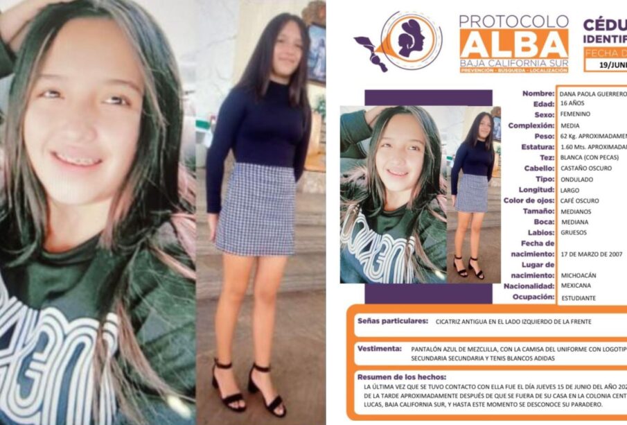 Ficha de búsqueda de Dana Paola Guerrero García de 16 años en Cabo San Lucas.