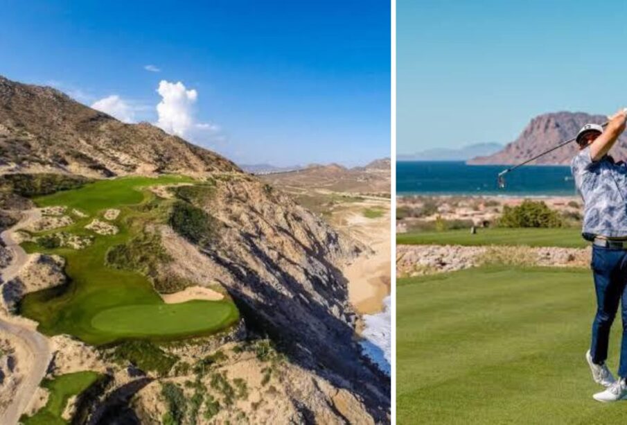 Turista jugando en campo de golf.