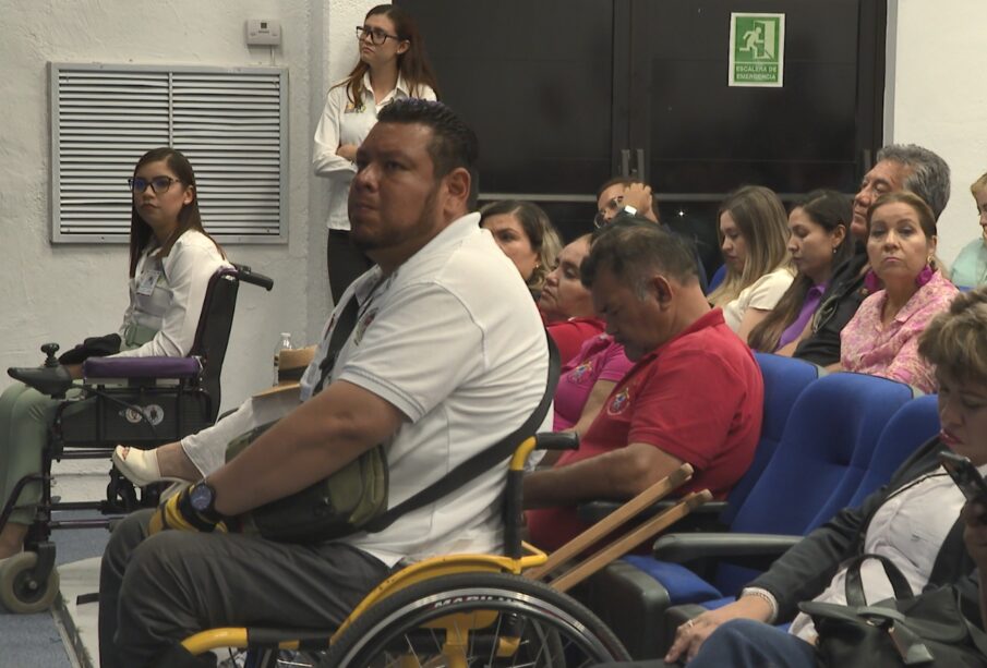 personas en silla de ruedas en conferencia