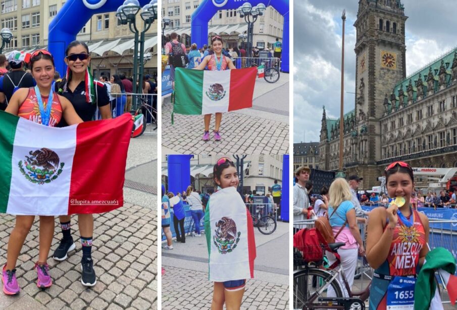 Altera cabeña Leah Amezcua en el Campeonato Mundial de Triatlón Élite y Amateur en Hamburgo, Alemania