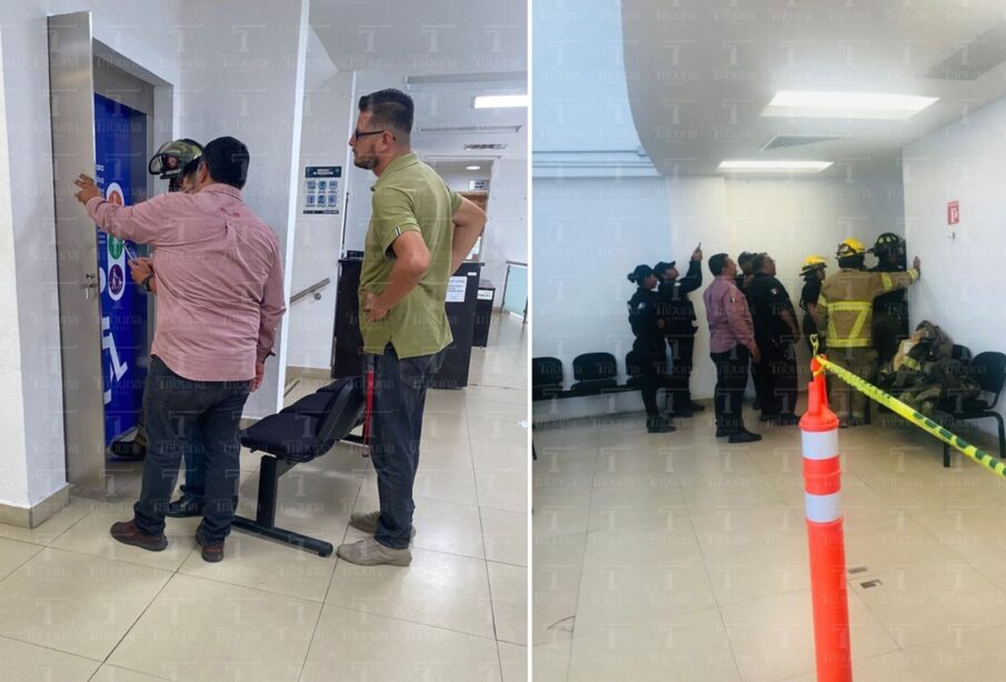 Bomberos y civiles rescatando a mujer atrapada en edificio del Centro de Justicia Penal en La Paz.