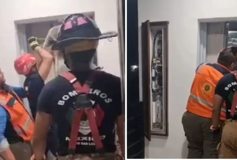 Elementos del Cuerpo de Bomberos de Cabo San Lucas rescatando a una persona atrapada en un elevador