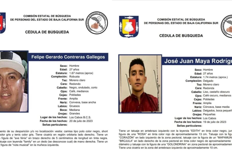 Fichas de búsqueda de hombres desaparecidos en Cabo San Lucas.