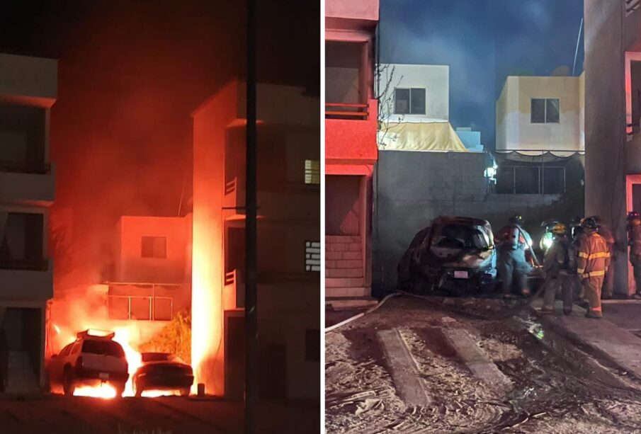 Esta foto muestra a los bomberos sofocando un incendio en dos vehículos en Cabo San Lucas. El incidente tuvo lugar el 14 de julio de 2023, y no se reportaron heridos.