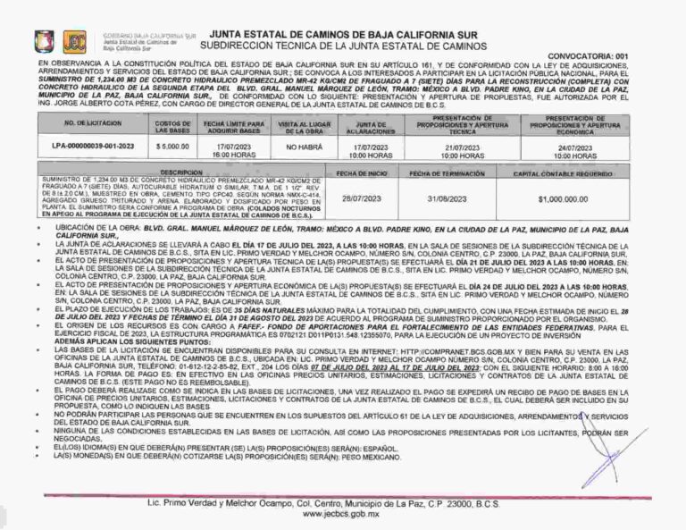 Convocatoria Junta Estatal de Caminos de BCS