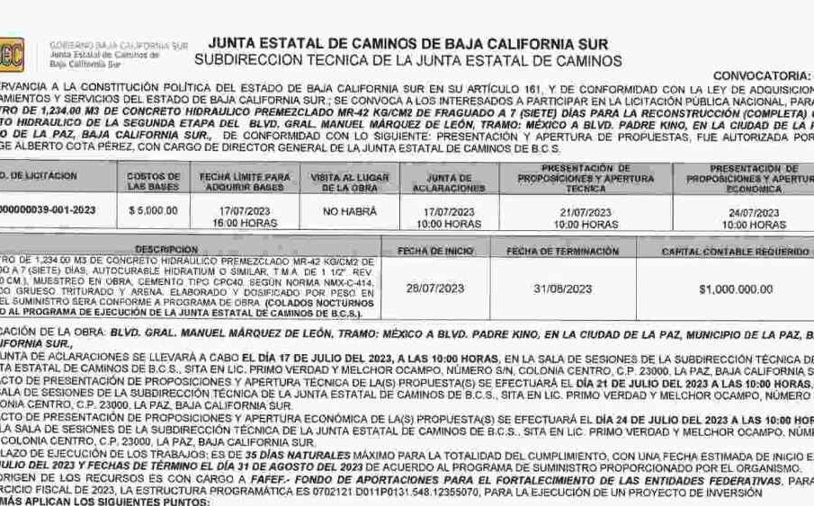 Convocatoria Junta Estatal de Caminos de BCS