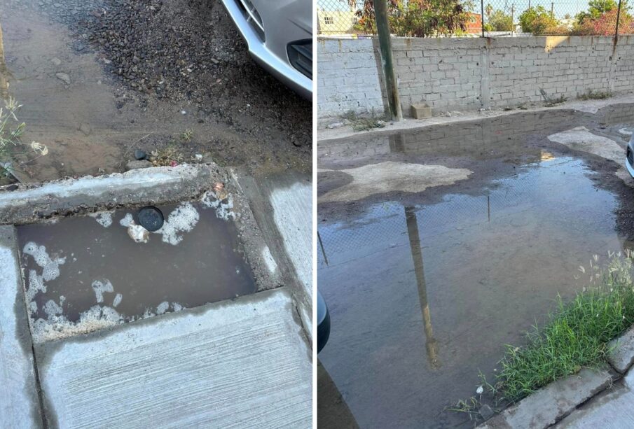 Aguas negras brotando de una coladera en La Paz.