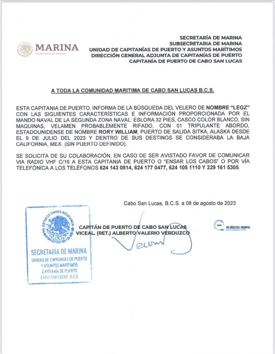 Comunicado de la Marina pidiendo a la ciudadanía ayuda para localizar al velero Legz.