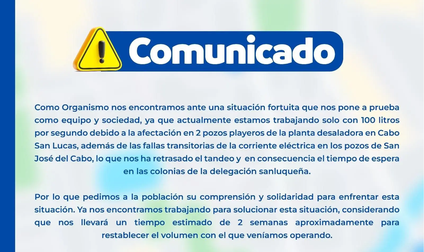 Comunicado del OOMSAPAS.