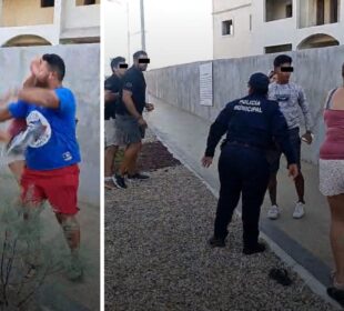 Hombres peleándose frente al hotel La Conchas.