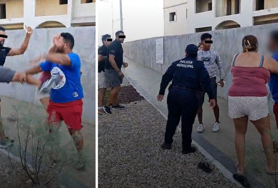 Hombres peleándose frente al hotel La Conchas.