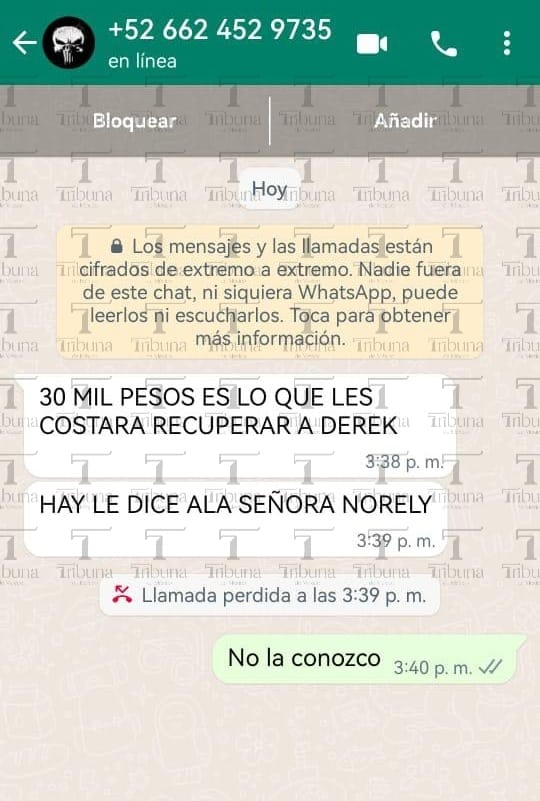 Mensaje de WhatsApp de secuestrador pidiendo rescate por un menor en la colonia Camino Real.