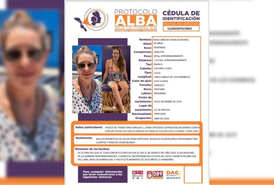 Mujer desaparecida en playa de los cabos