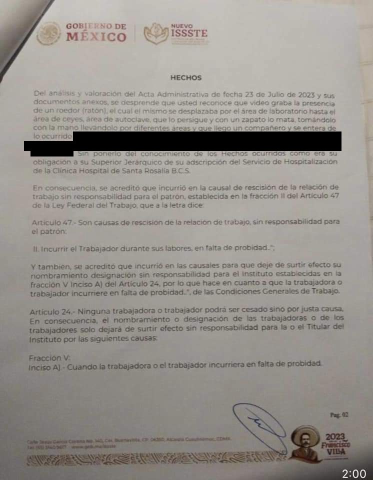 Oficio del ISSSTE de la suspensión de enfermera.