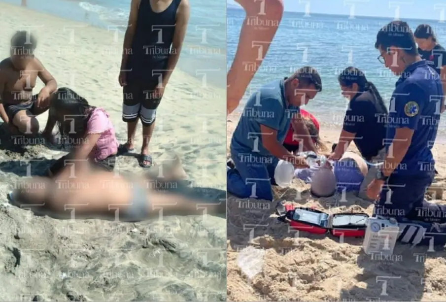 Personal de emergencia socorriendo a personas ahogadas en playas de La Paz.