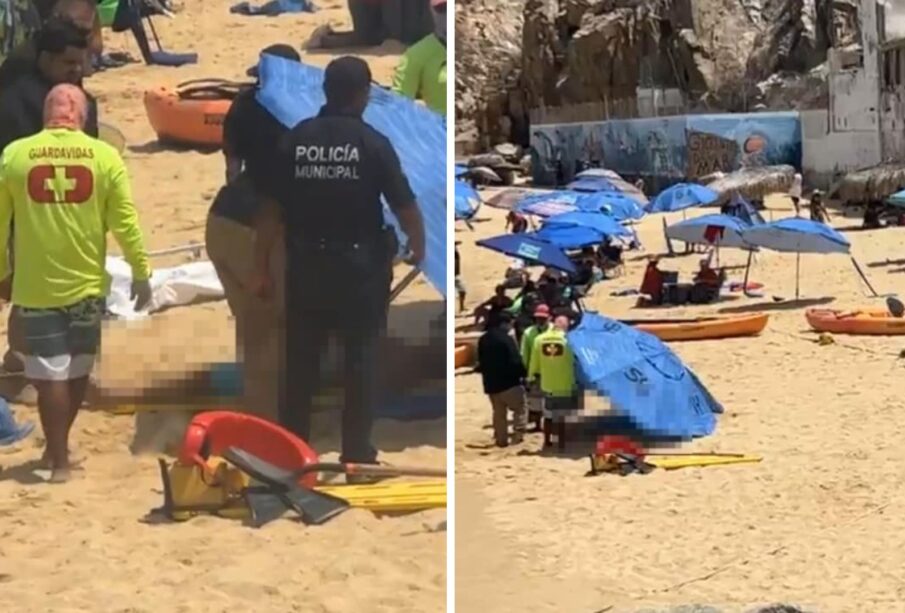 Salvavidas rescatando a turista en Playa del Amor.