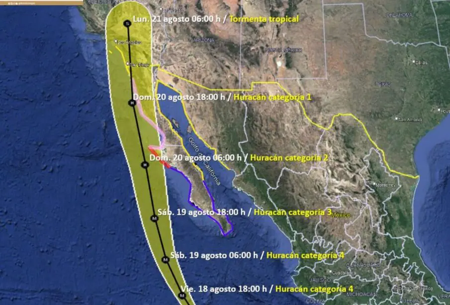 Trayectoria del fin de semana del huracán Hilary en BCS.