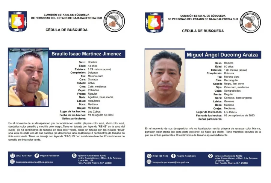 Informe sobre dos hombres desaparecidos en Los Cabos