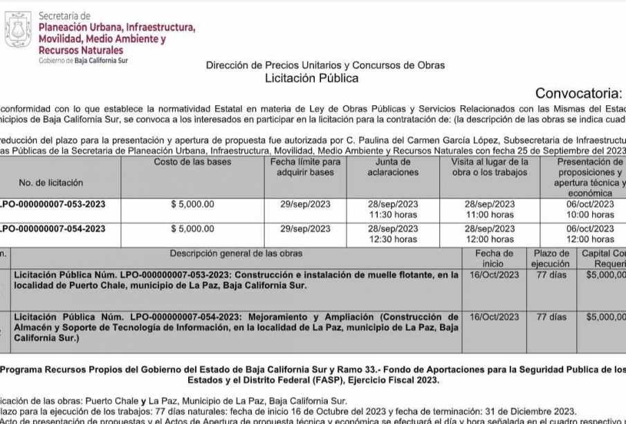 Convocatoria 9 Dirección de Precios Unitarios y Concursos de Obras