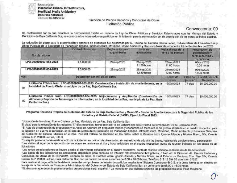 Convocatoria 9 Dirección de Precios Unitarios y Concursos de Obras