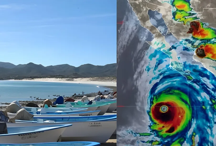 Barcos en muelle y trayectoria de huracán