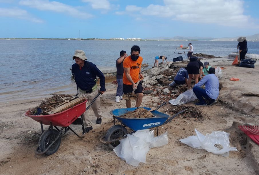 Gente recolectando basura de playas arrastrada por Norma