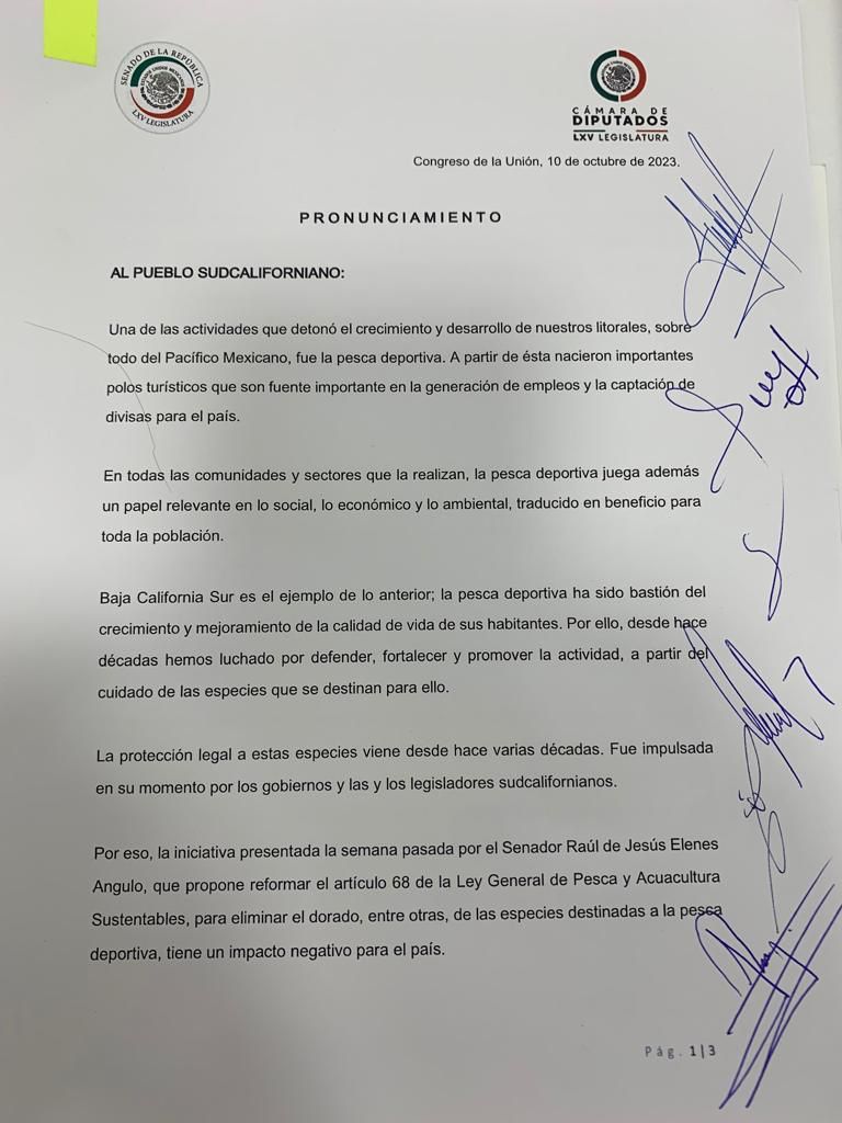 Pronunciamiento de diputados y senadores de BCS sobre pesca