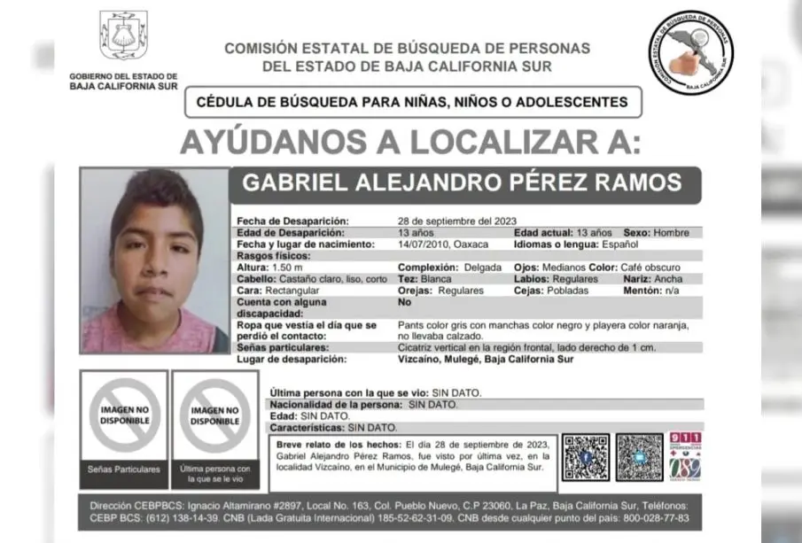 Ficha informativa de menor desaparecido en Vizcaíno