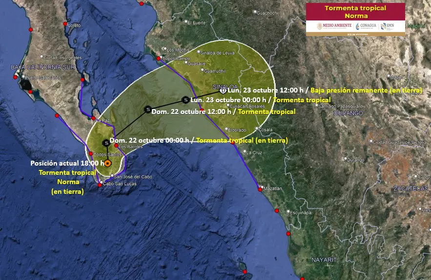 Mapa del norte de México con trayectoria de Norma