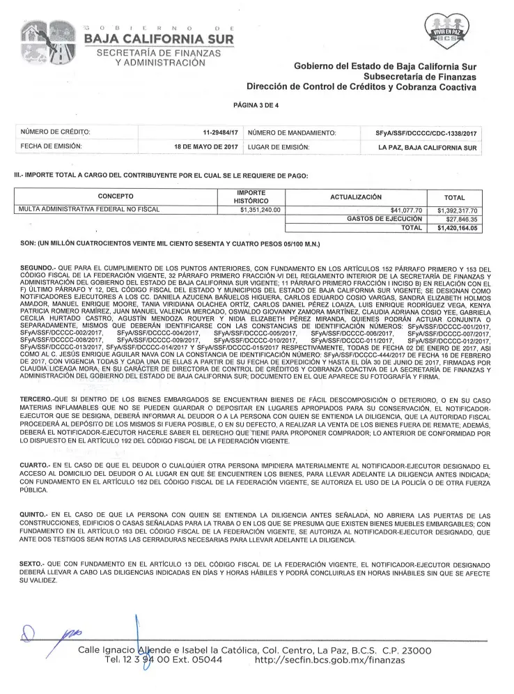 Importe de multa administrativa a regidor
