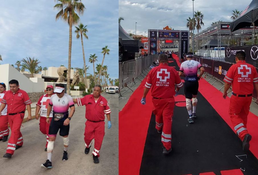 Paramédicos acompañando a atleta resagado en Ironman