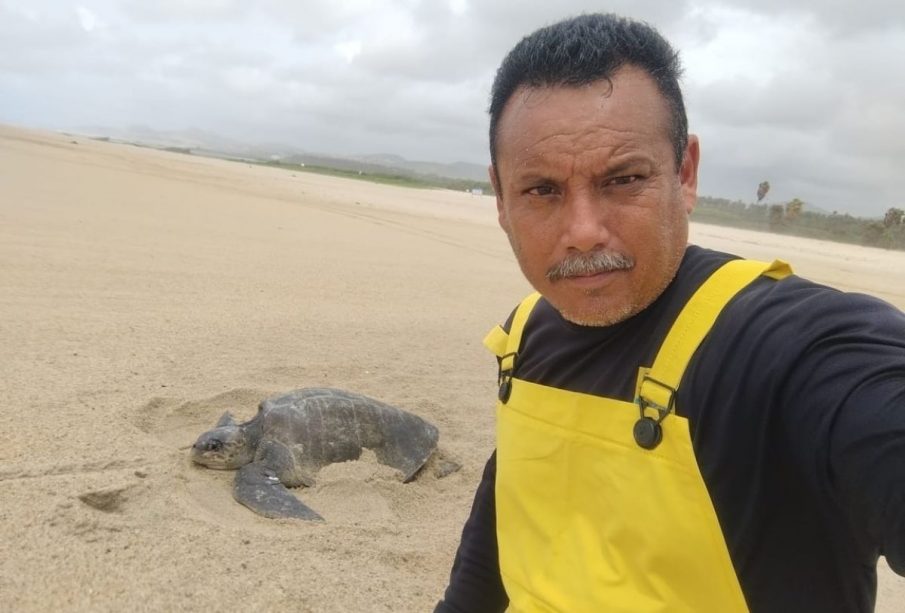 Gabriel Olvera Guevara y tortuga marina