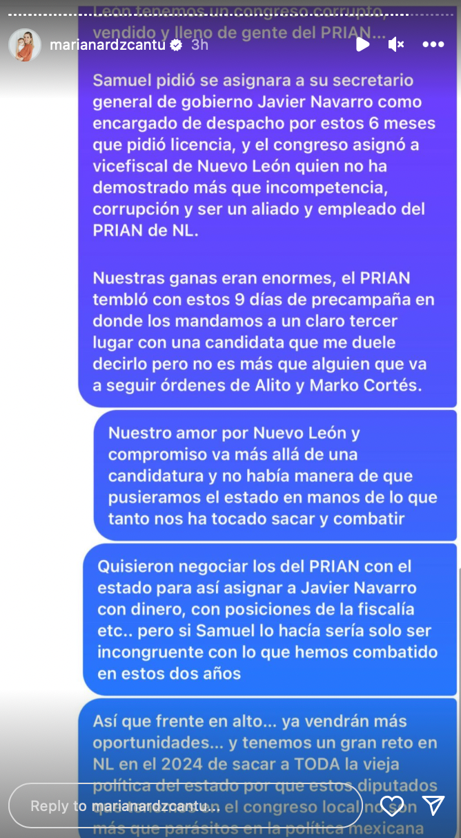 Historias de Mariana Rodríguez ante renuncia de Samuel