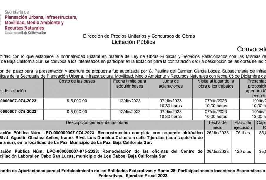 cConvocatoria 12 Dirección de Precios Unitarios y Concursos de Obras