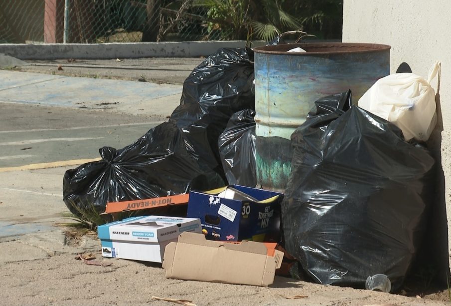 Bote con bolsas de basura a su alrededor