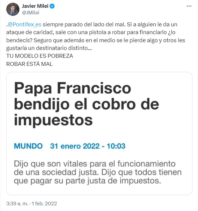 Publicación de Milei contra Papa