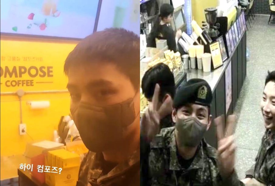 V de BTS en cafe como uniforme militar